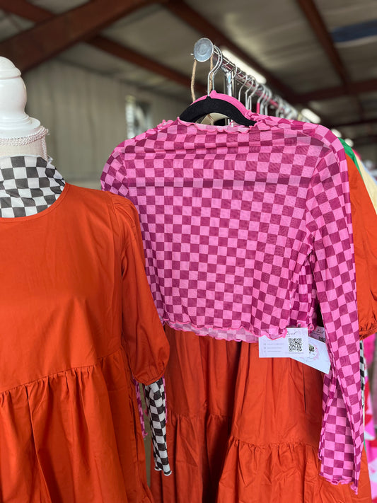 Curvy Pink Checkered Mesh Top